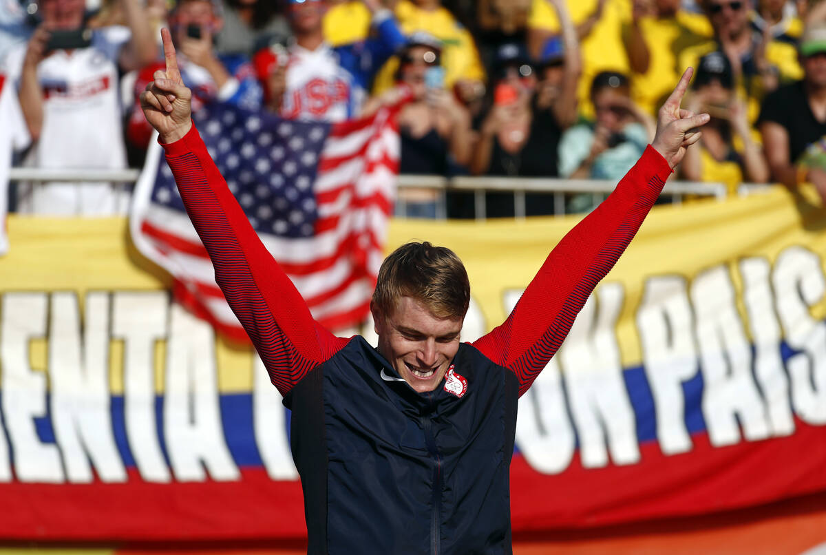 Gold medalist Connor Fields of the United States celebrates during a victory ceremony for the m ...