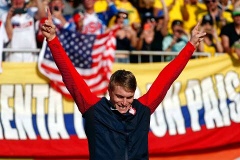 Gold medalist Connor Fields of the United States celebrates during a victory ceremony for the m ...