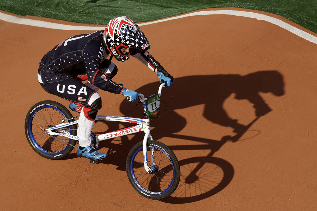 Connor Fields of the United States compete to win gold in the men's BMX cycling final during th ...