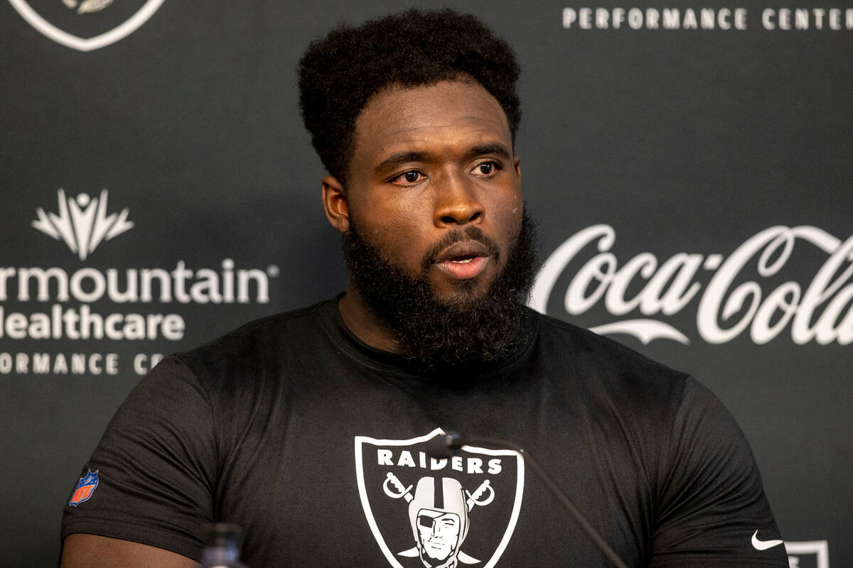 Raiders defensive tackle Matthew Butler (73) takes questions during a news conference at the In ...