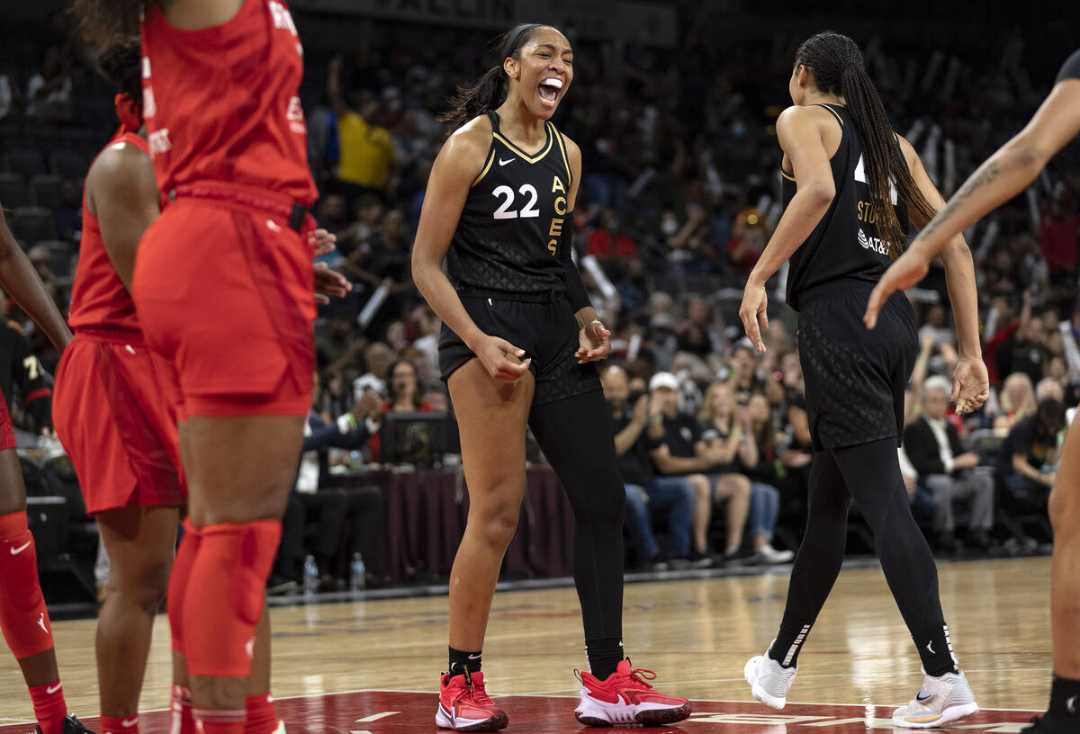 Las Vegas Aces forward A'ja Wilson (22) celebrates a foul called on the Atlanta Dream during th ...