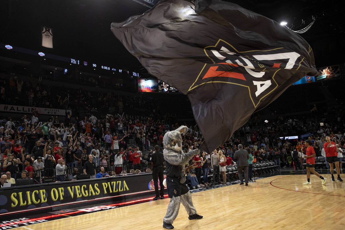 The crowd and Las Vegas Aces mascot cheer after their team beat the Atlanta Dream in a WNBA bas ...