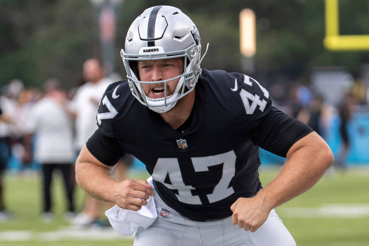 Raiders long snapper Trent Sieg (47) warms up before the NFL Hall of Fame game against the Jack ...