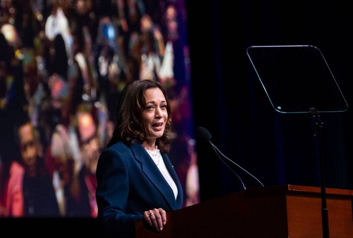 Vice President Kamala Harris speaks at a United Steelworkers convention at the MGM Grand Conven ...