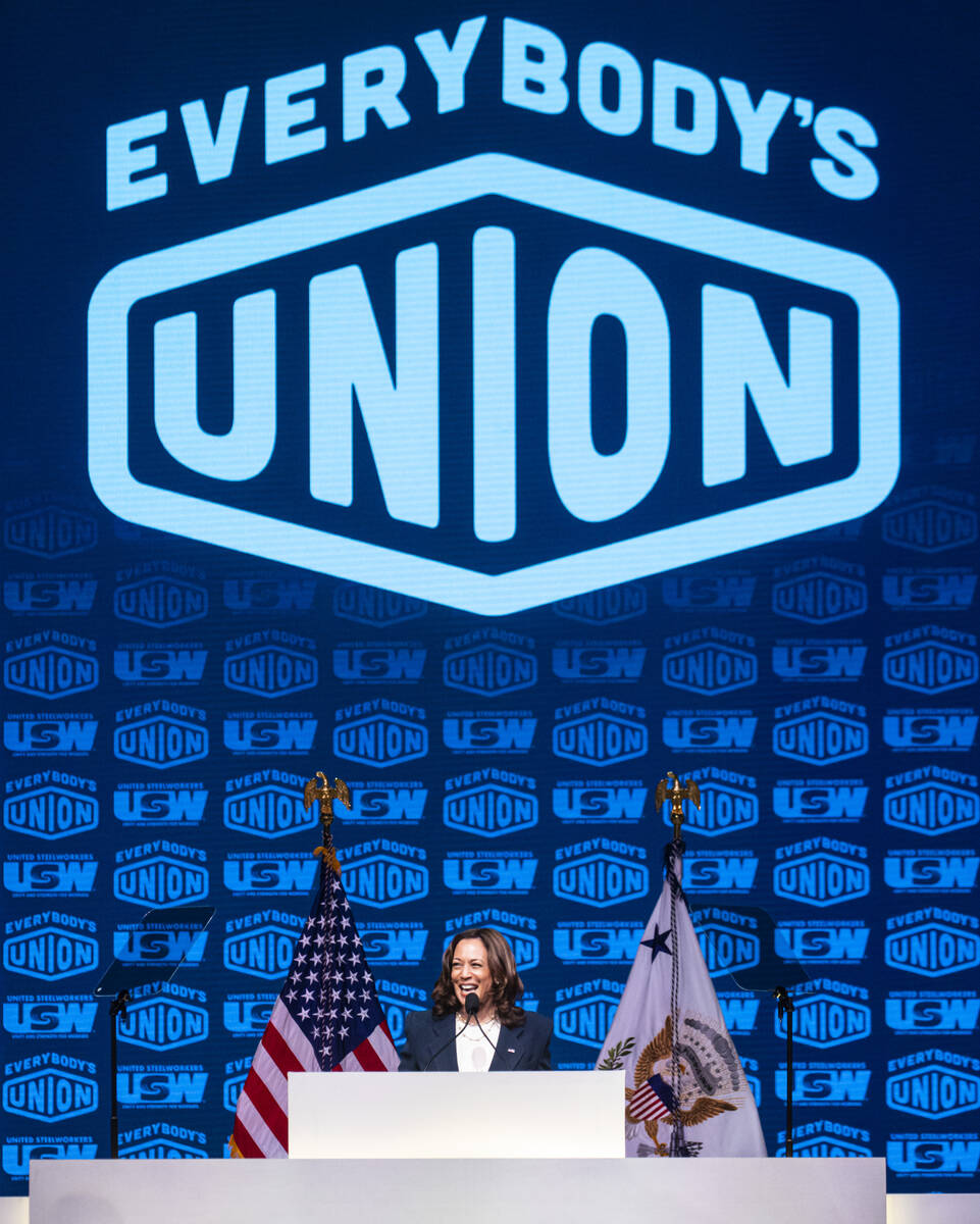 Vice President Kamala Harris speaks at a United Steelworkers convention at the MGM Grand Conven ...