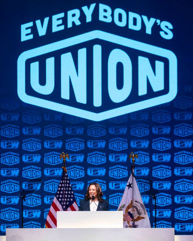 Vice President Kamala Harris speaks at a United Steelworkers convention at the MGM Grand Conven ...