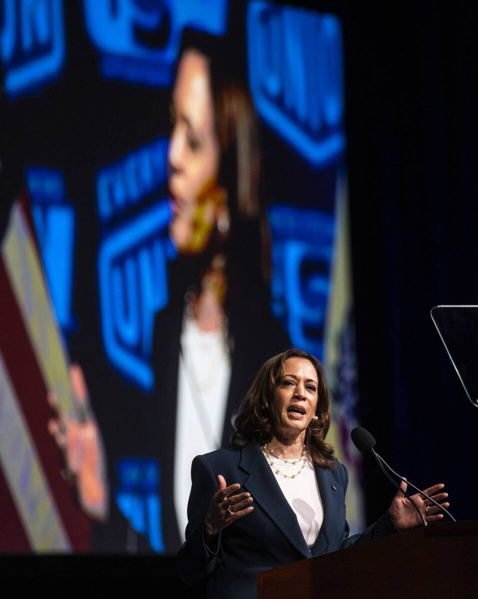 Vice President Kamala Harris speaks at a United Steelworkers convention at the MGM Grand Conven ...