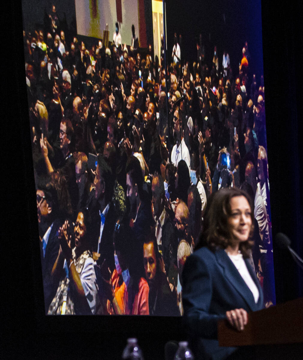 Attendees cheer as Vice President Kamala Harris speaks at a United Steelworkers convention at t ...