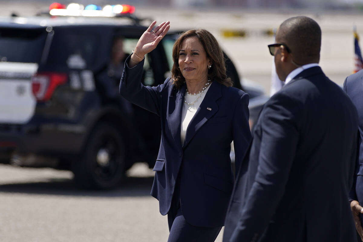 Vice President Kamala Harris arrives Wednesday, Aug. 10, 2022, in Las Vegas. Harris is schedule ...