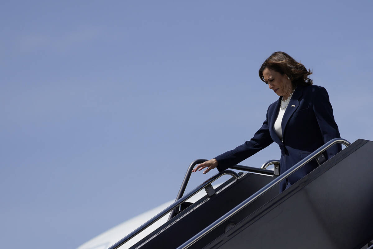 Vice President Kamala Harris arrives Wednesday, Aug. 10, 2022, in Las Vegas. Harris is schedule ...