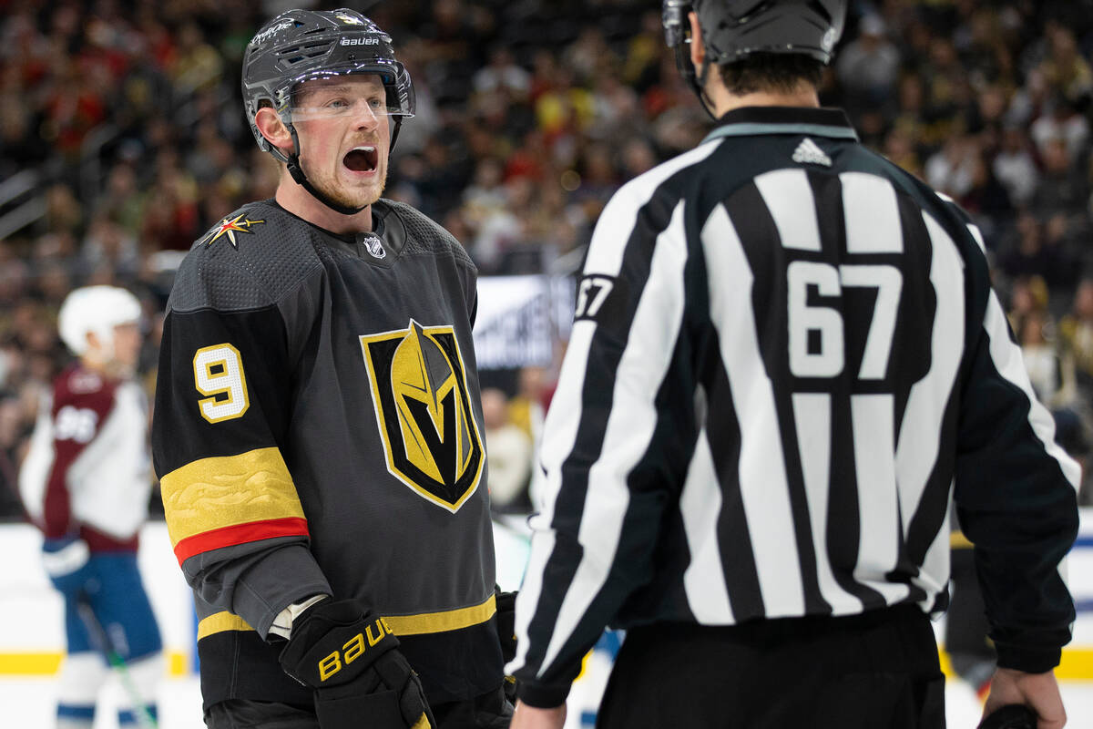 Golden Knights center Jack Eichel (9) pleads his case to a referee in the third period during a ...