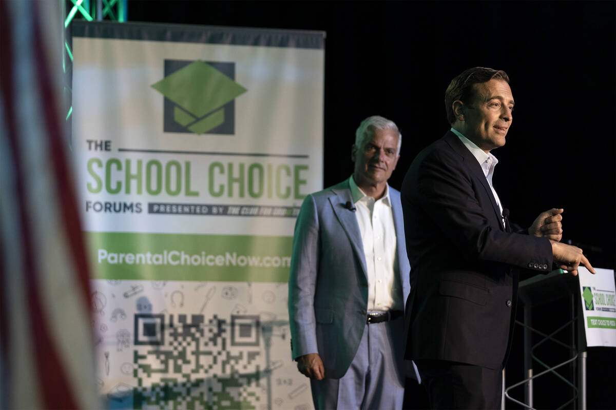 Republican Nevada Senate candidate Adam Laxalt advocates for school choice during a forum hoste ...