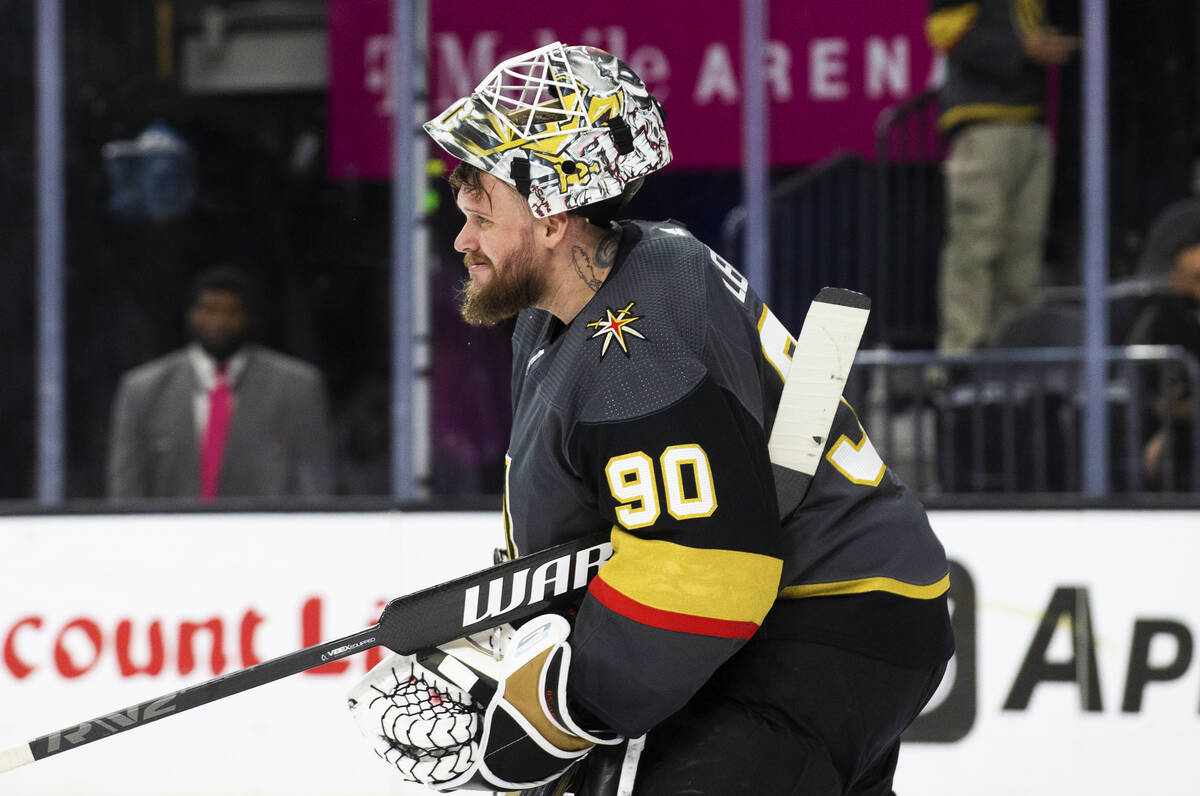 Golden Knights goaltender Robin Lehner (90) leaves the ice at the end of the second period duri ...