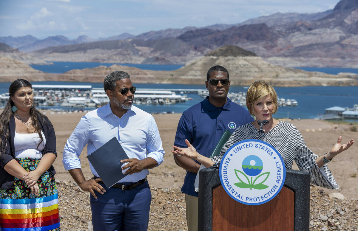(From right) Congresswoman Susie Lee speaks while joined by EPA Administrator Michael S. Regan, ...