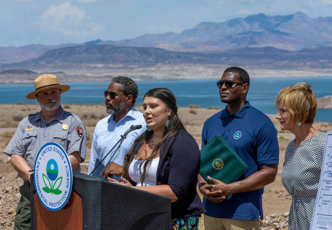 (From left) NPS Ranger David Alberg and Congressman Steven Horsford look on as Taylor Patterson ...