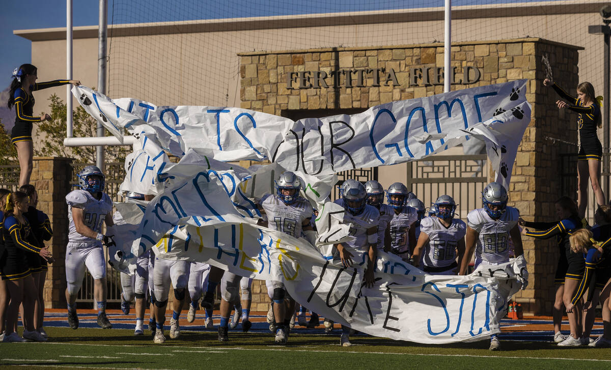 Pahranagat Valley takes the field in the second half during the 1A high school football champio ...