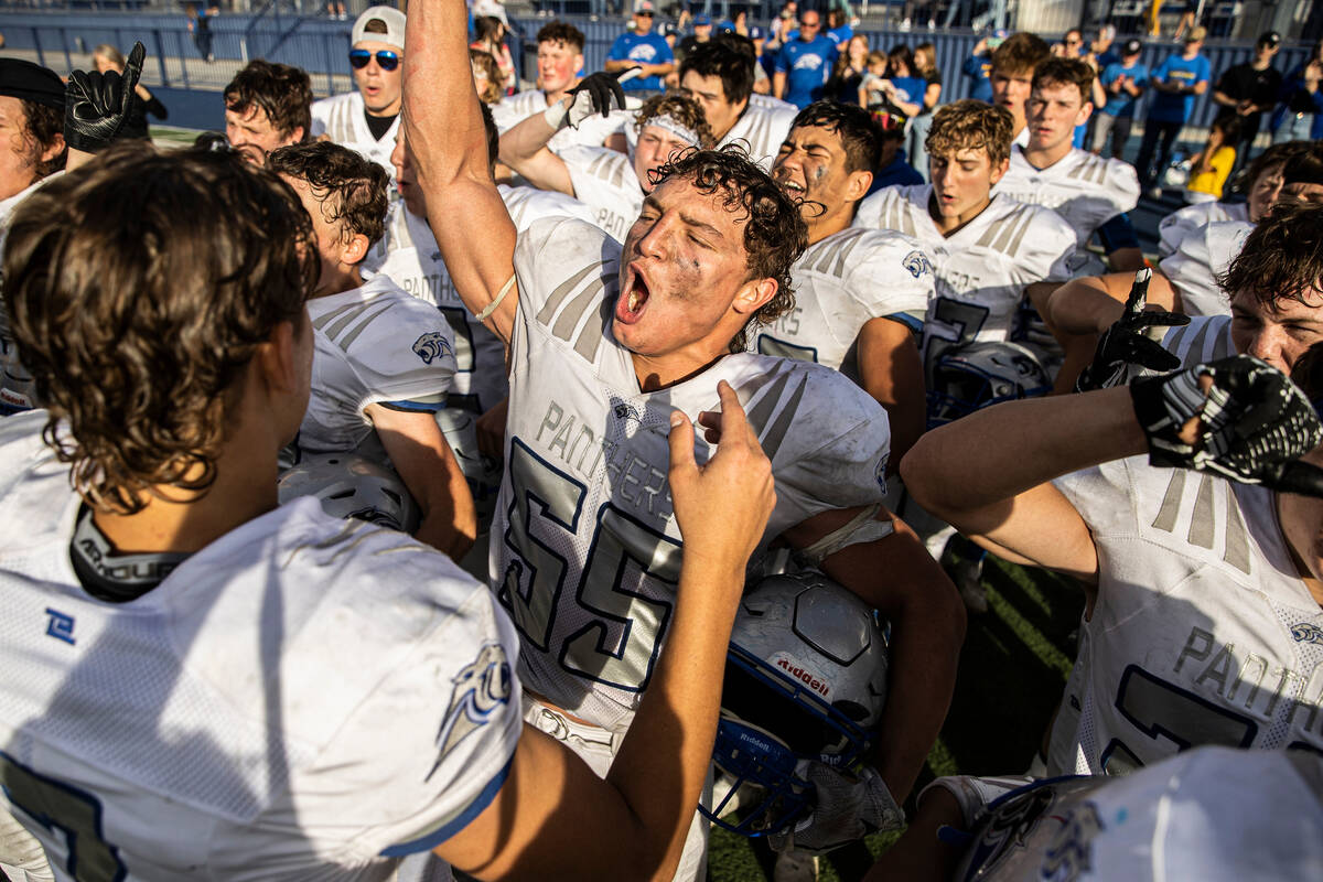 Pahranagat Valley players celebrate after beating Eureka during the 1A high school footballl ch ...