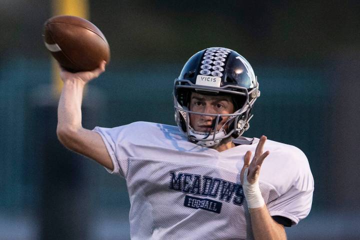 The Meadows High School quarterback Sean Gosse throws the ball during practice, on Tuesday, Nov ...