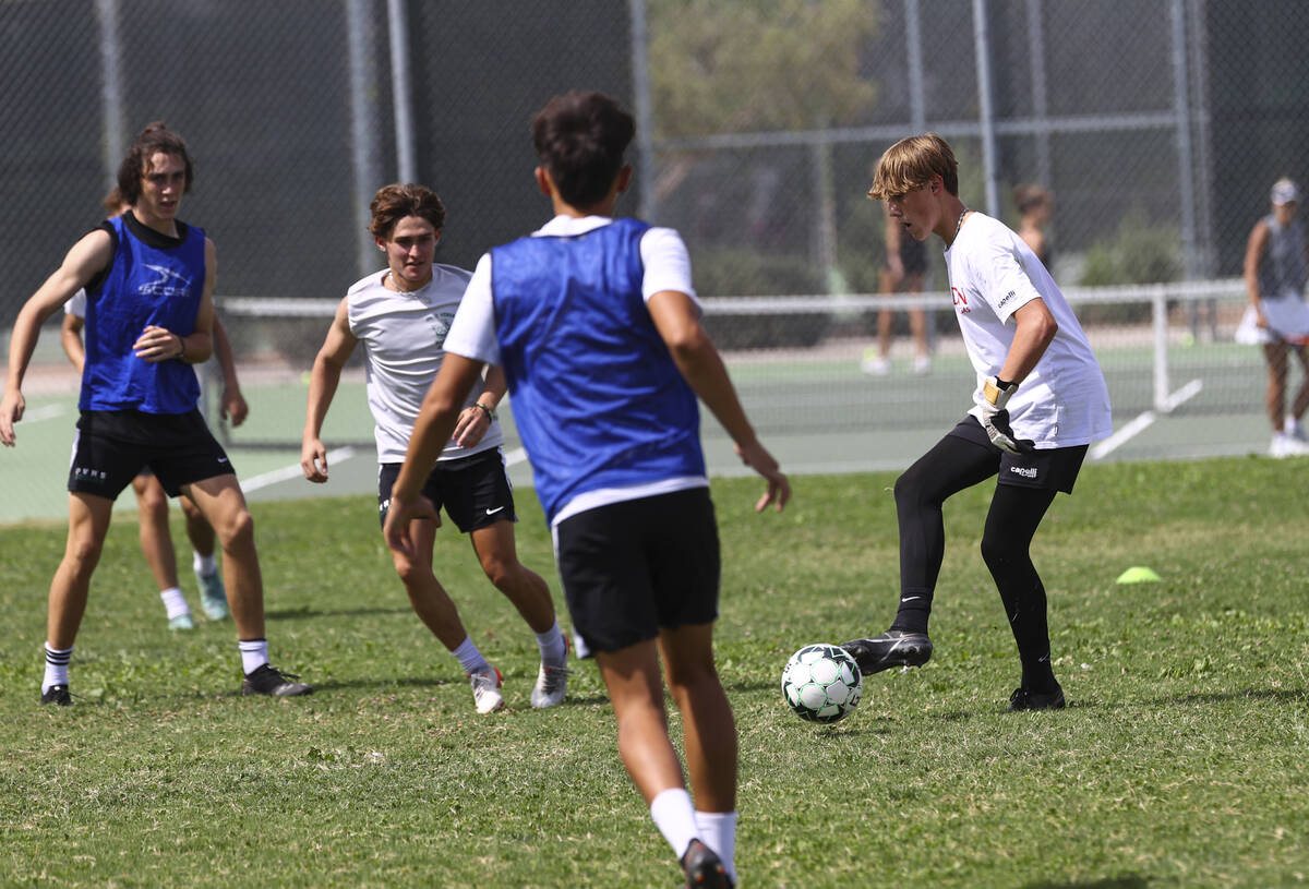 Palo Verde goalie Henri Kettner kicks the ball during soccer practice at the school on Monday, ...
