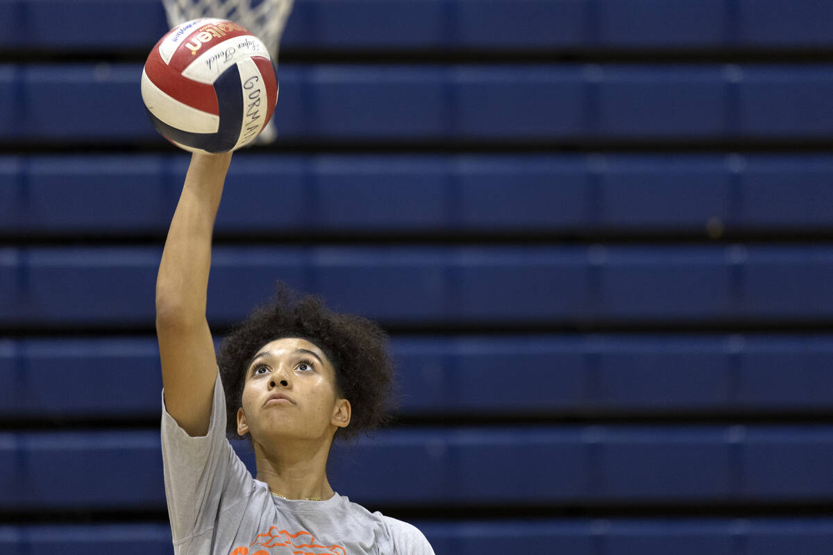 Bishop Gorman’s Ayanna Wastson spikes the ball during a girls high school volleyball pra ...