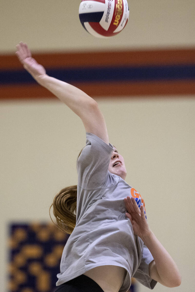 Bishop Gorman's Ashley Duckworth spikes during a girls high school volleyball practice at Bisho ...