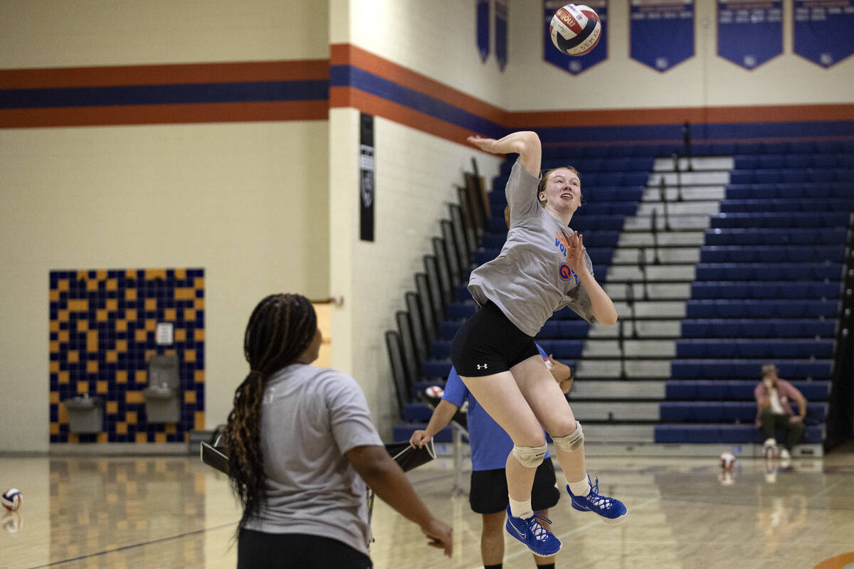 Bishop Gorman's Ashley Duckworth spikes during a girls high school volleyball practice at Bisho ...