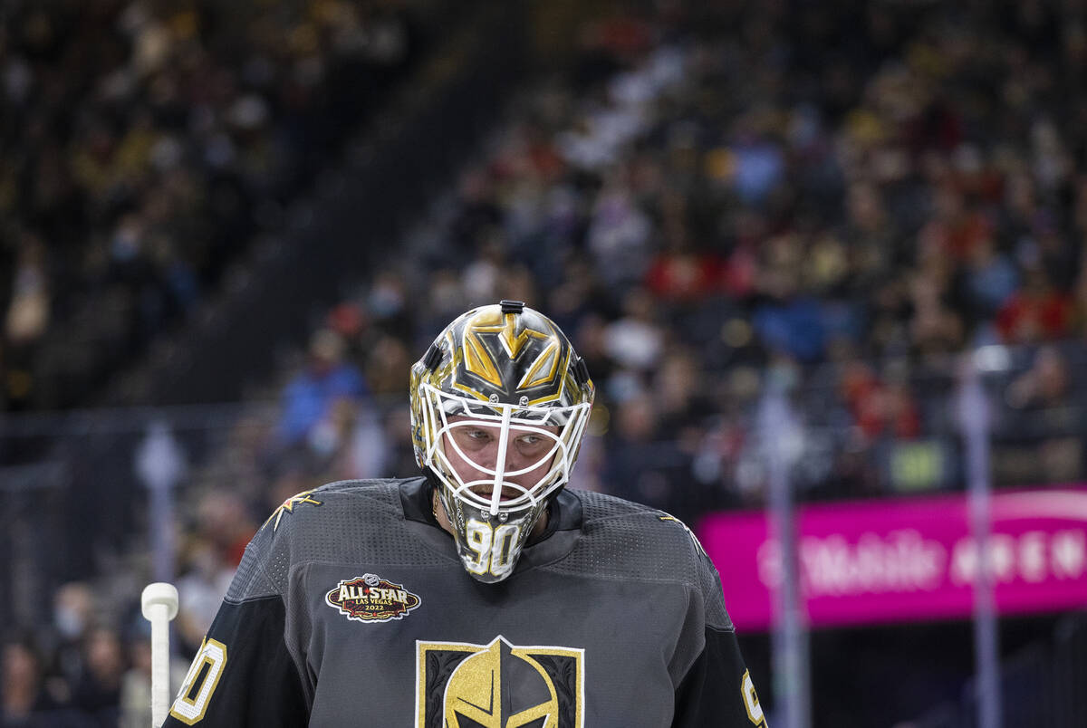 Golden Knights goaltender Robin Lehner (90) circles the net in the second period during an NHL ...