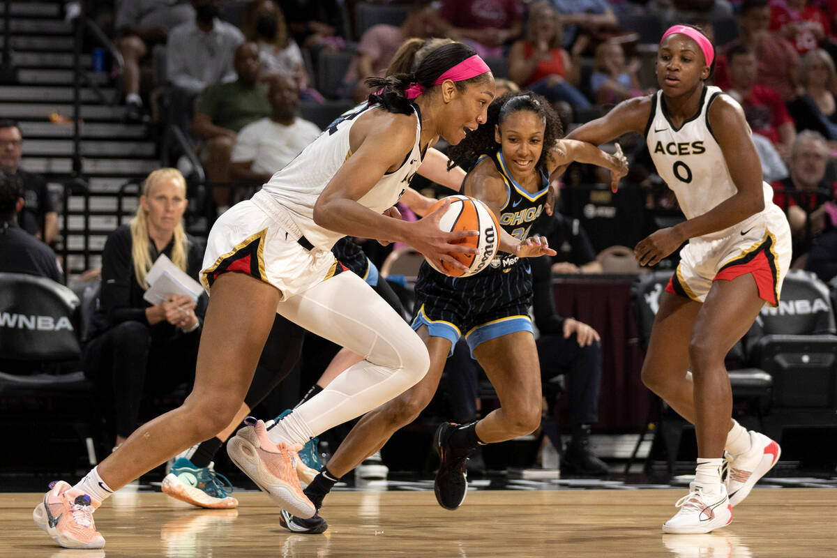 Las Vegas Aces forward A'ja Wilson (22) breaks away with the ball after stealing possession fro ...