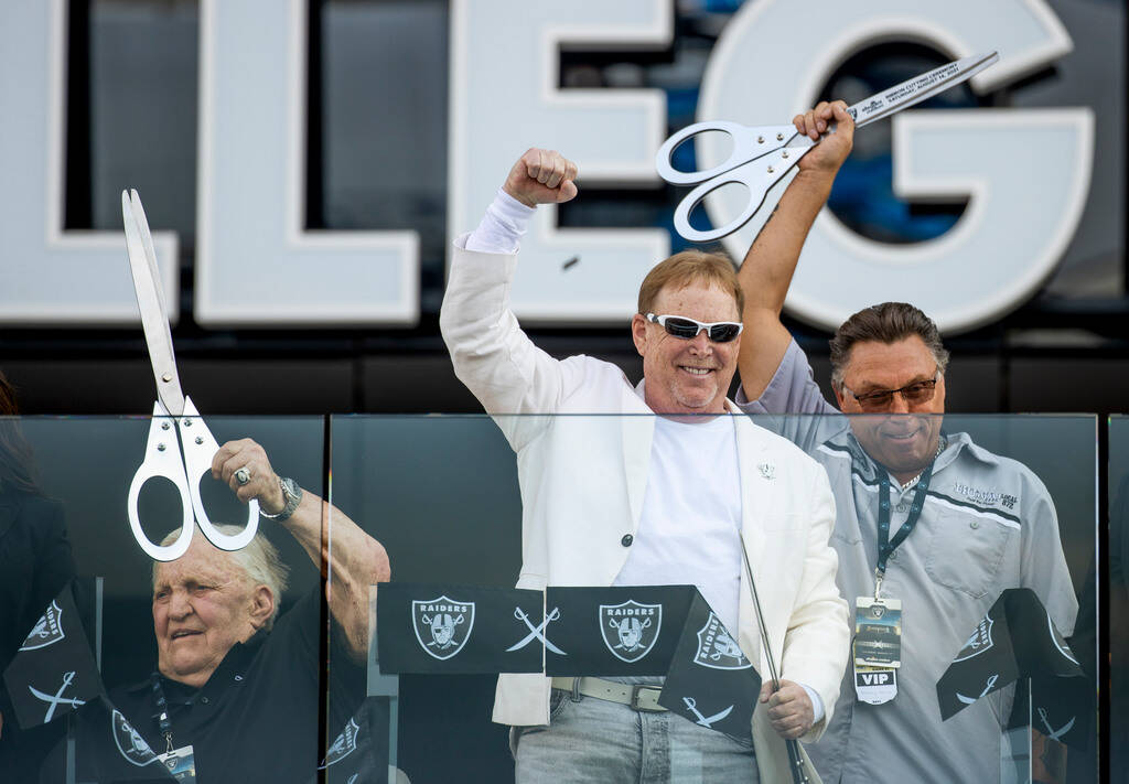 Former Raiders player Jim Otto, from left, Raiders owner Mark Davis and union leader Tommy Whit ...