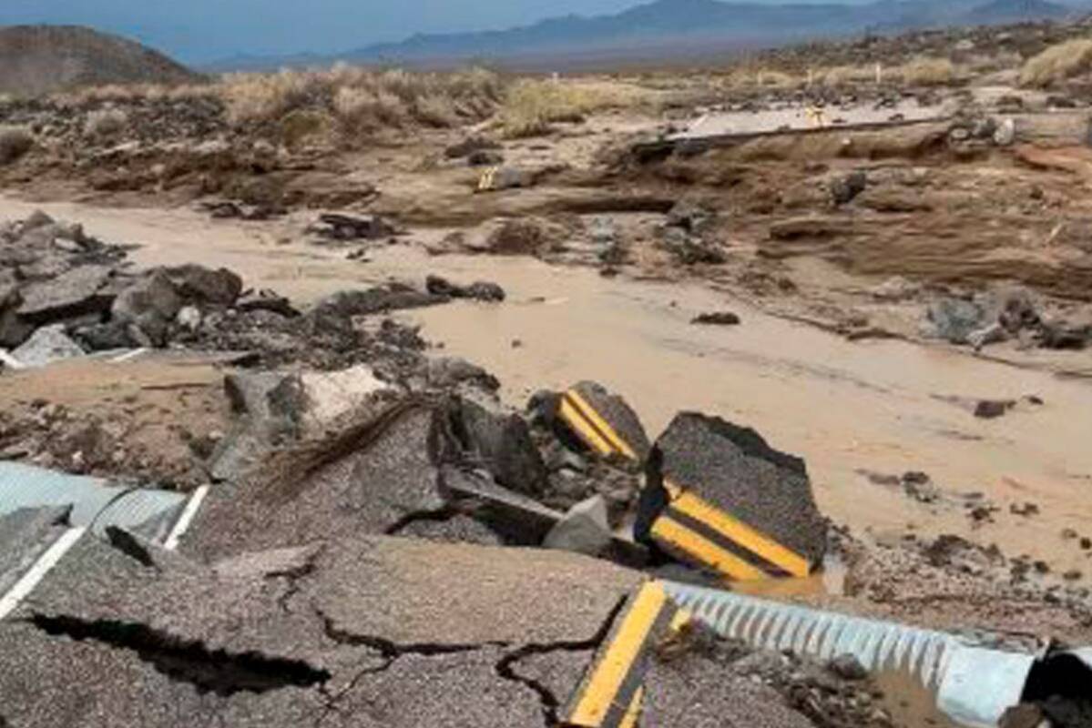 The damaged intersection of Kelbaker Road and Mojave Road is seen in the Mojave National Preser ...