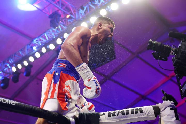 Xander Zayas reacts after his technical knockout in the fifth round of a middleweight bout agai ...