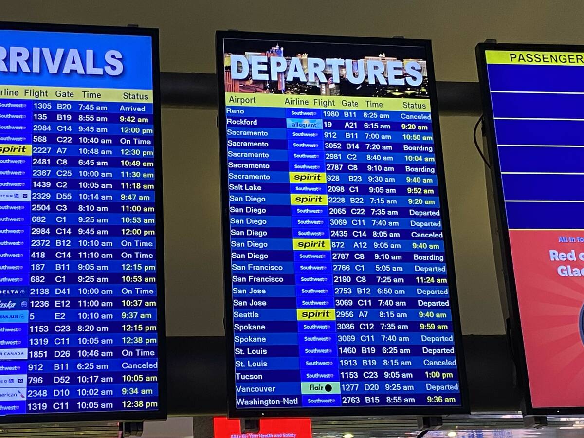 Flight delays shown at Harry Reid International Airport in Las Vegas Nevada on August 14, 2022.