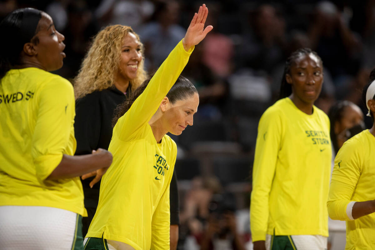 Seattle Storm's Sue Bird gets introduced before the Storm face the Las Vegas Aces in the last r ...