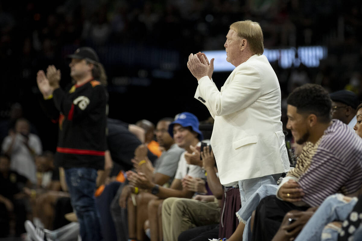 Las Vegas Aces owner Mark Davis cheers on the Aces during the last regular season game at Miche ...