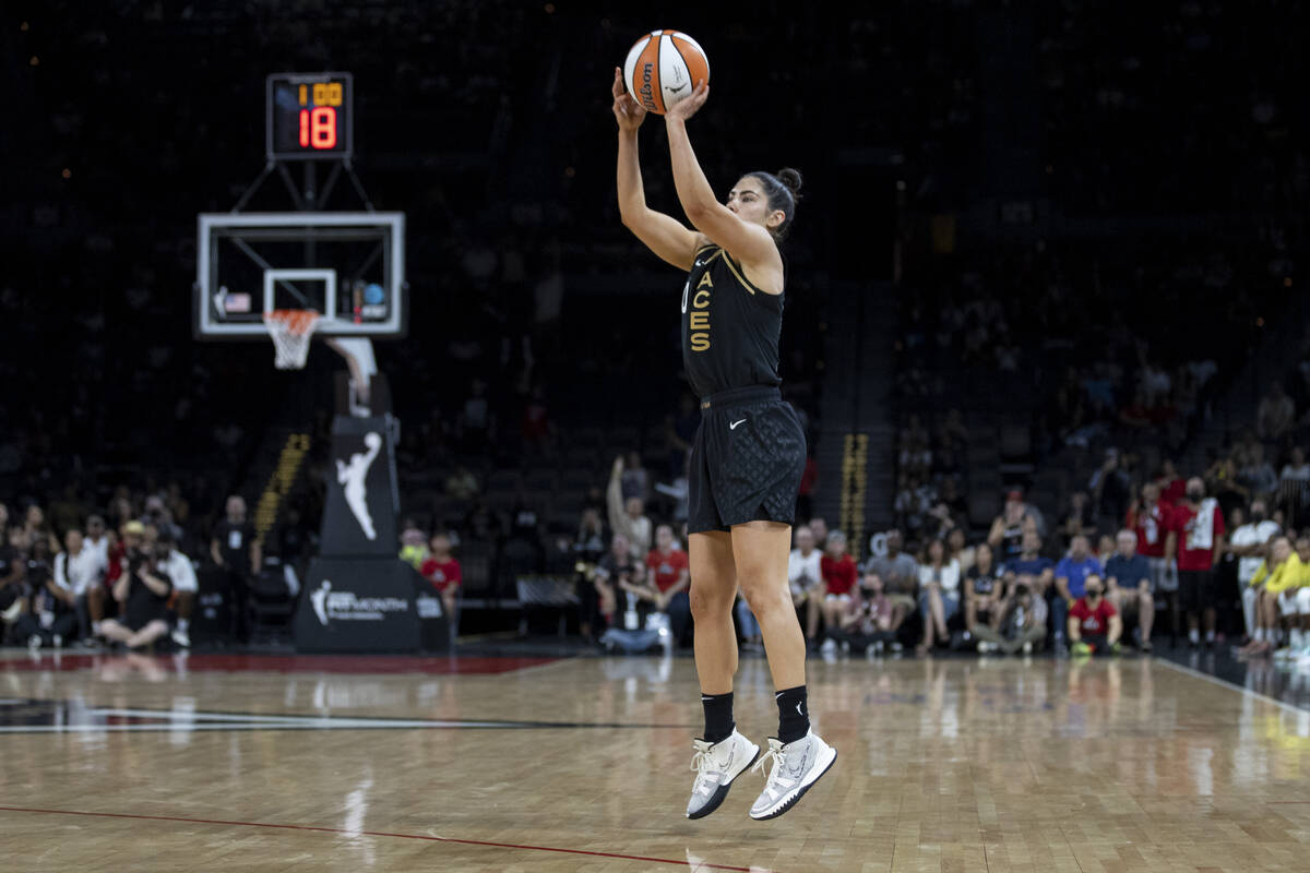 Las Vegas Aces guard Kelsey Plum (10) takes a three point shot as the Aces face the Seattle Sto ...