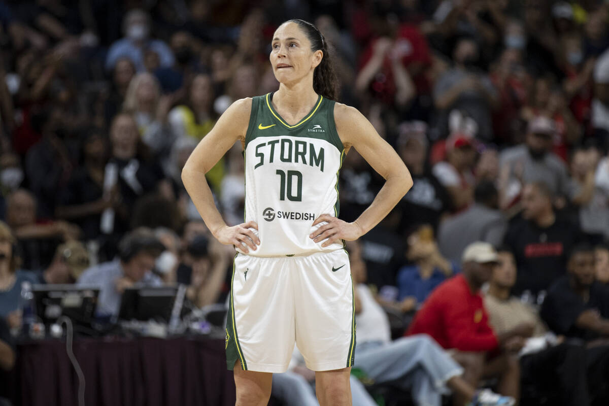 Seattle Storm's Sue Bird (10) waits for the play to start as the Las Vegas Aces face the Storm ...