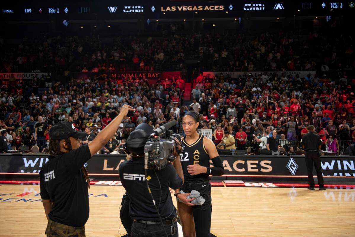 A'ja Wilson speaks to ESPN after the game against the Seattle Storm in front of a record crowd ...