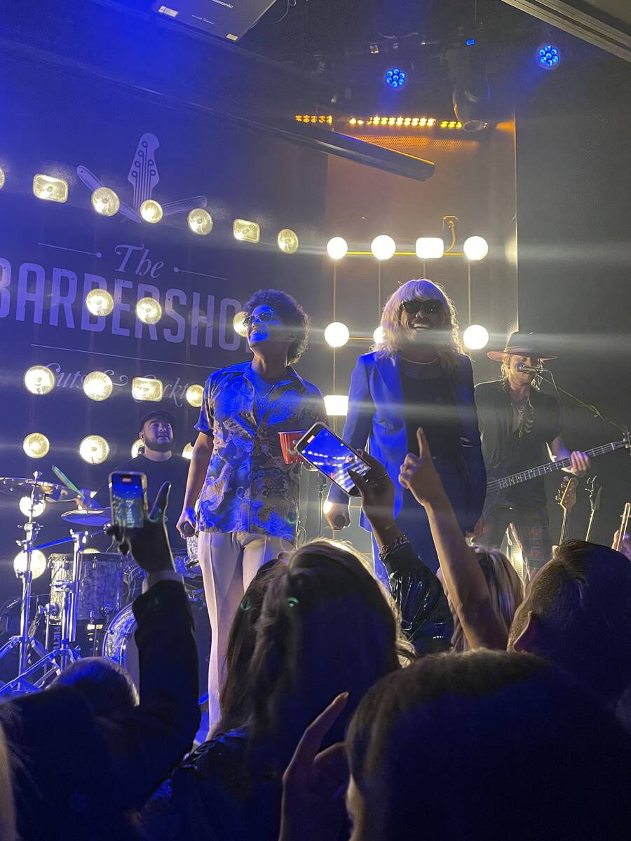 The Silk Sonic duo of Bruno Mars and Anderson .Paak play a pop-up show at The Barbershop at the ...