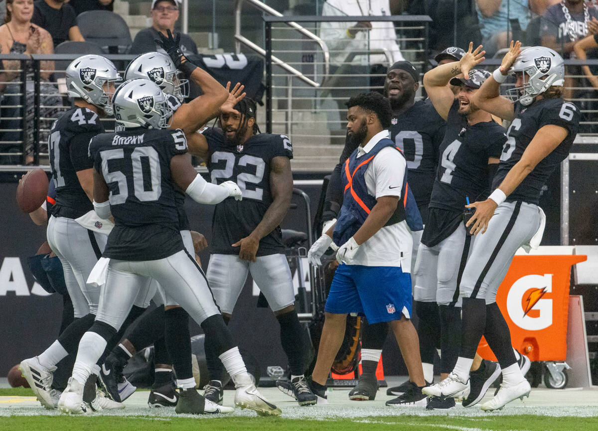 Raiders from left, long snapper Trent Sieg (47), linebacker Jayon Brown (50), wide receiver Mac ...