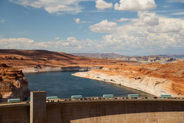 This July 27, 2021, file photo shows Lake Powell and the Glen Canyon Dam in the Glen Canyon Nat ...