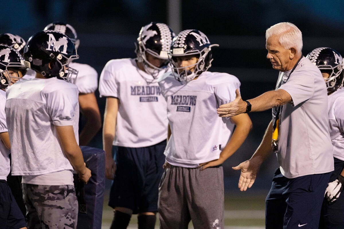 In this Nov. 16, 2021, file photo, The Meadows High School football head coach Jack Concannon d ...