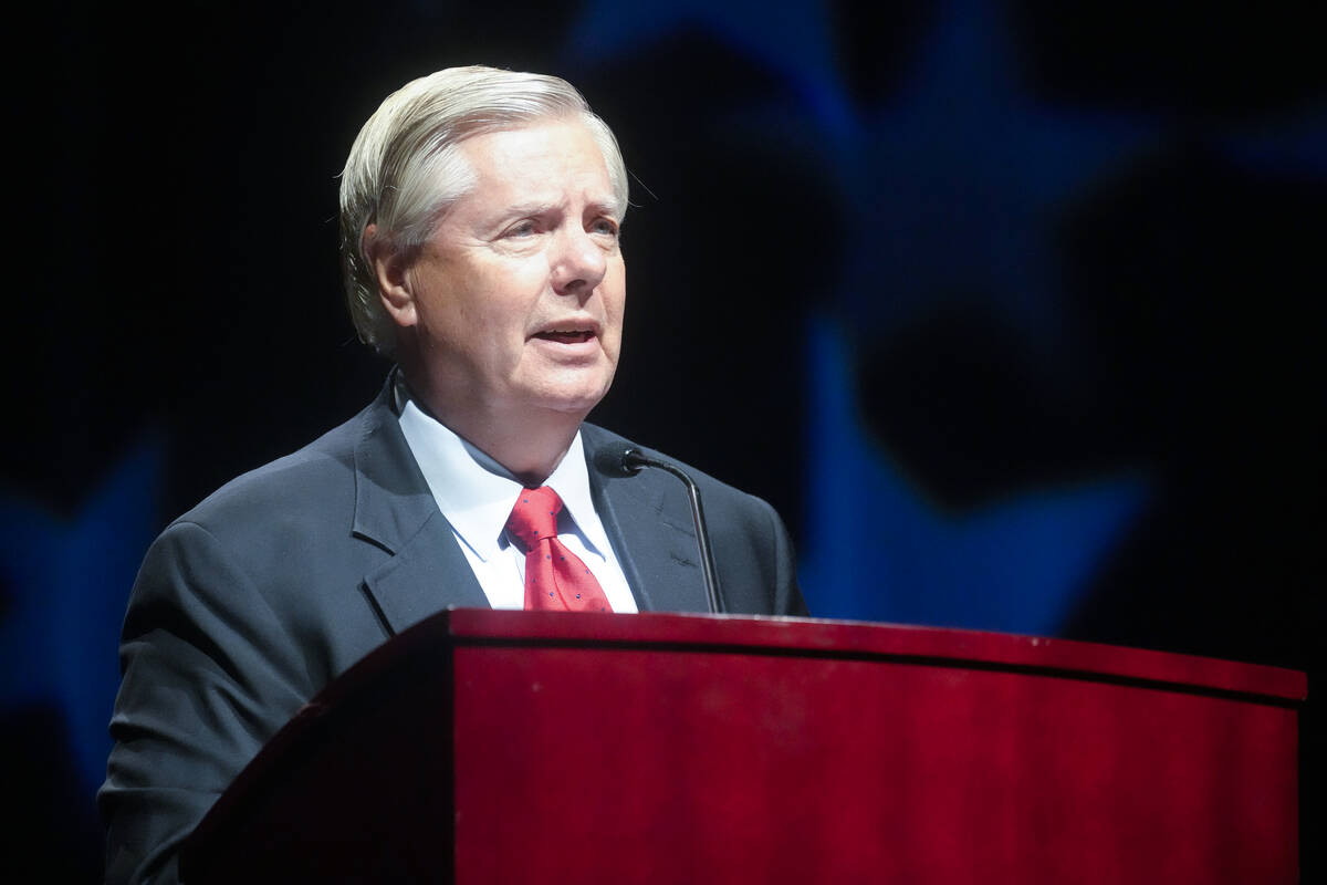 Sen. Lindsey Graham, R-S.C., addresses a South Carolina GOP dinner July 29, 2022, in Columbia, ...