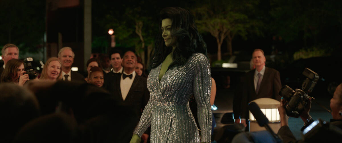 (L-R): Tatiana Maslany as She-Hulk/Jennifer "Jen" Walters, Ginger Gonzaga as Nikki Ramos, and D ...