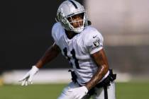 Raiders wide receiver Demarcus Robinson (11) runs to catch a pass during the team’s trai ...