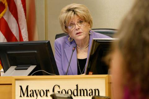 Las Vegas Mayor Carolyn Goodman listens to a speaker, Wednesday, Aug. 17, 2022, during a City C ...