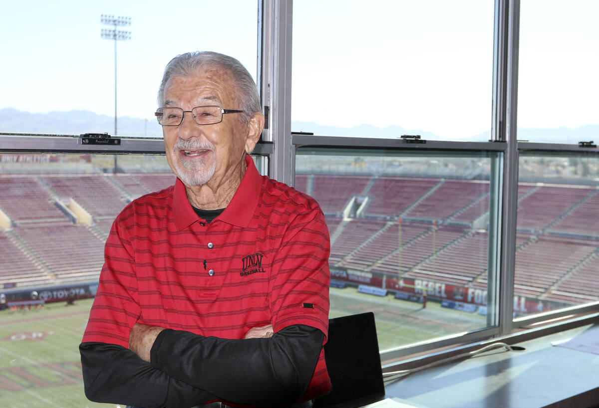 The "Voice of the Rebels", Dick Calvert, smiles during an interview at Sam Boyd Stadi ...