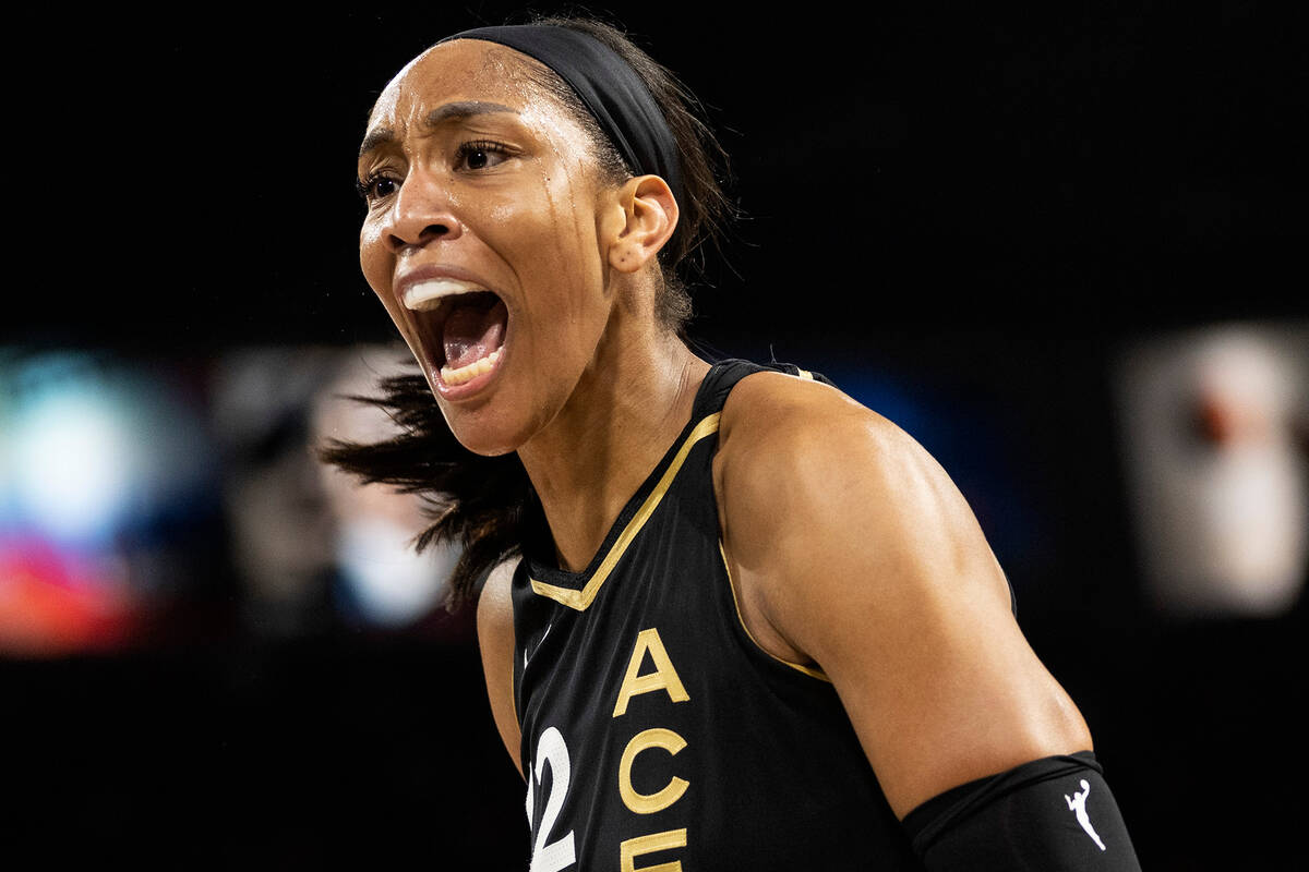 Las Vegas Aces forward A'ja Wilson (22) reacts to a foul called on the Phoenix Mercury during t ...