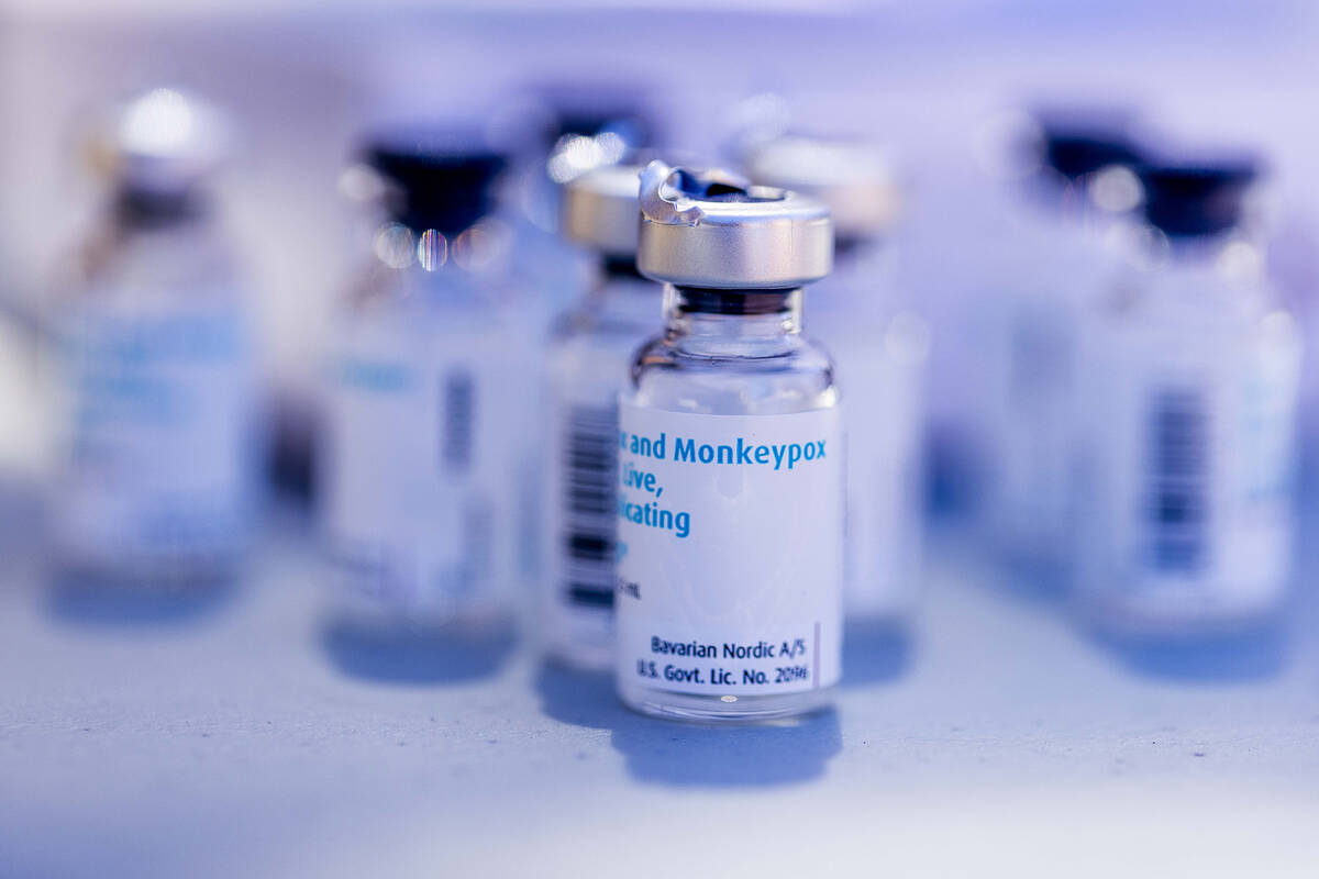 Vials of empty monkeypox vaccines sit at a table at Seattle Central College in Seattle, Saturda ...