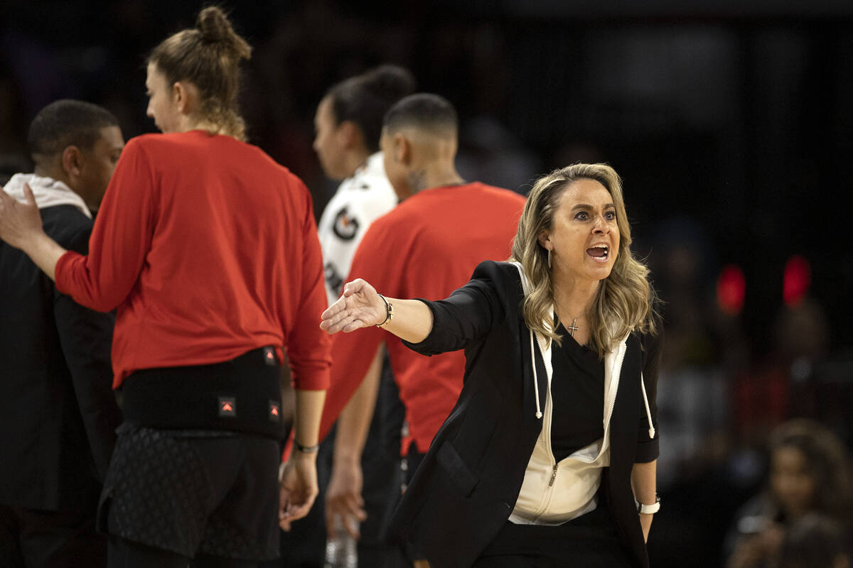 Las Vegas Aces head coach Becky Hammon shouts at a referee during the first half of a WNBA bask ...