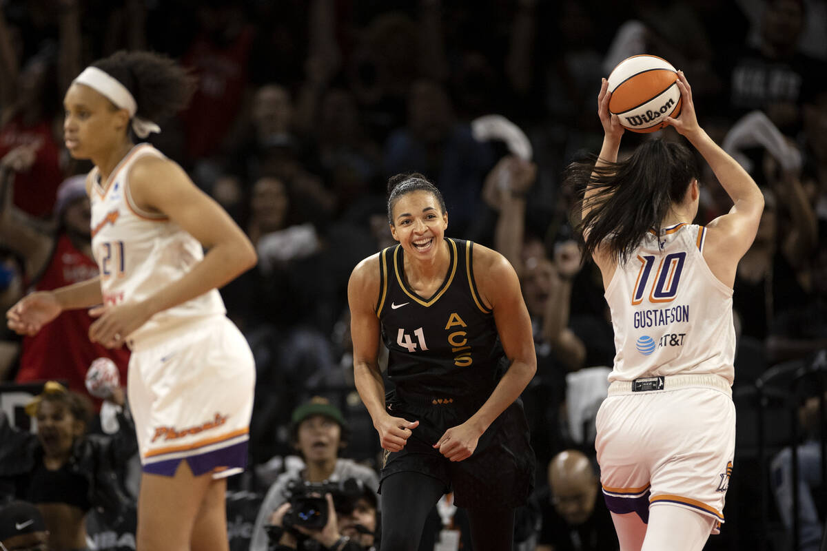 Las Vegas Aces center Kiah Stokes (41) celebrates after scoring during the second half of a WNB ...